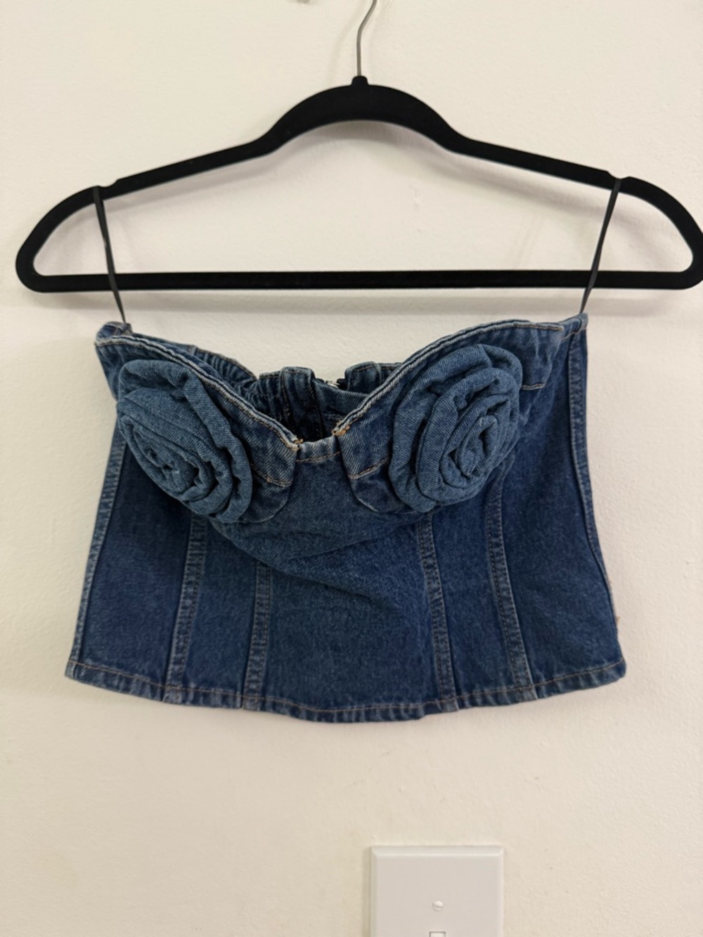 Magda Butrym x HM Blue Denim Strapless Rose Appliqué Top